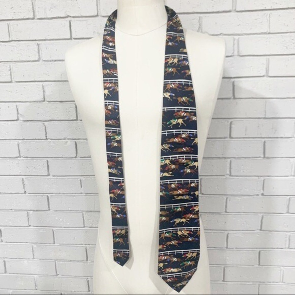 Alynn Neckwear At The Rail Horse Racing Silk Tie Navy Blue‎ Equestrian Vintage